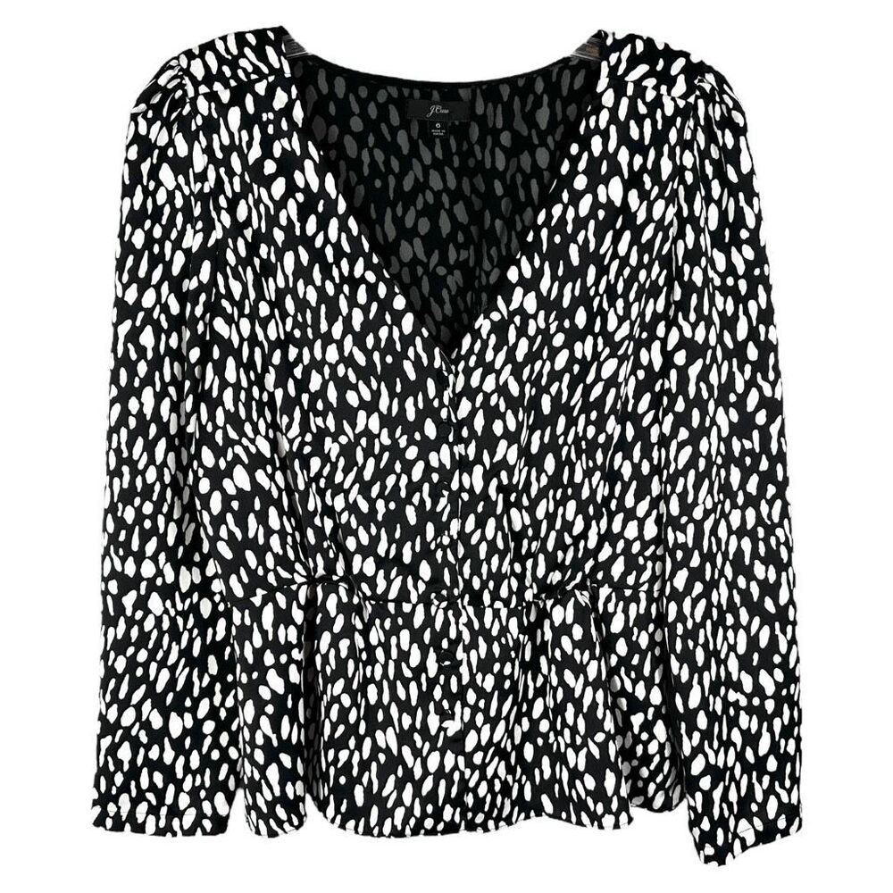 J Crew Size‎ 6 Top Long Sleeve Crepe Satin Peplum Top Black White V Neck 1376